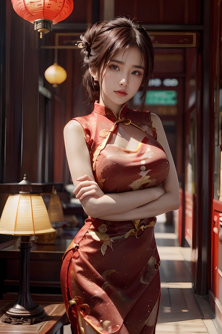 Beautiful asian girl, solo, {beautiful and detailed eyes}, medium breasts, calm expression, natural and soft light,bun hairstyle, hair blown by the breeze, delicate facial features, Blunt bangs, beautiful russian girl, Shiny skin, Pendants, Necklaces,(wearing a red cheongsam outfit:1.3), 20 year old, realhands,((model pose)), (background old Chinese home in 400 year and old lamp),sarahviloid,jenadammaya,nancy ,v4ni4