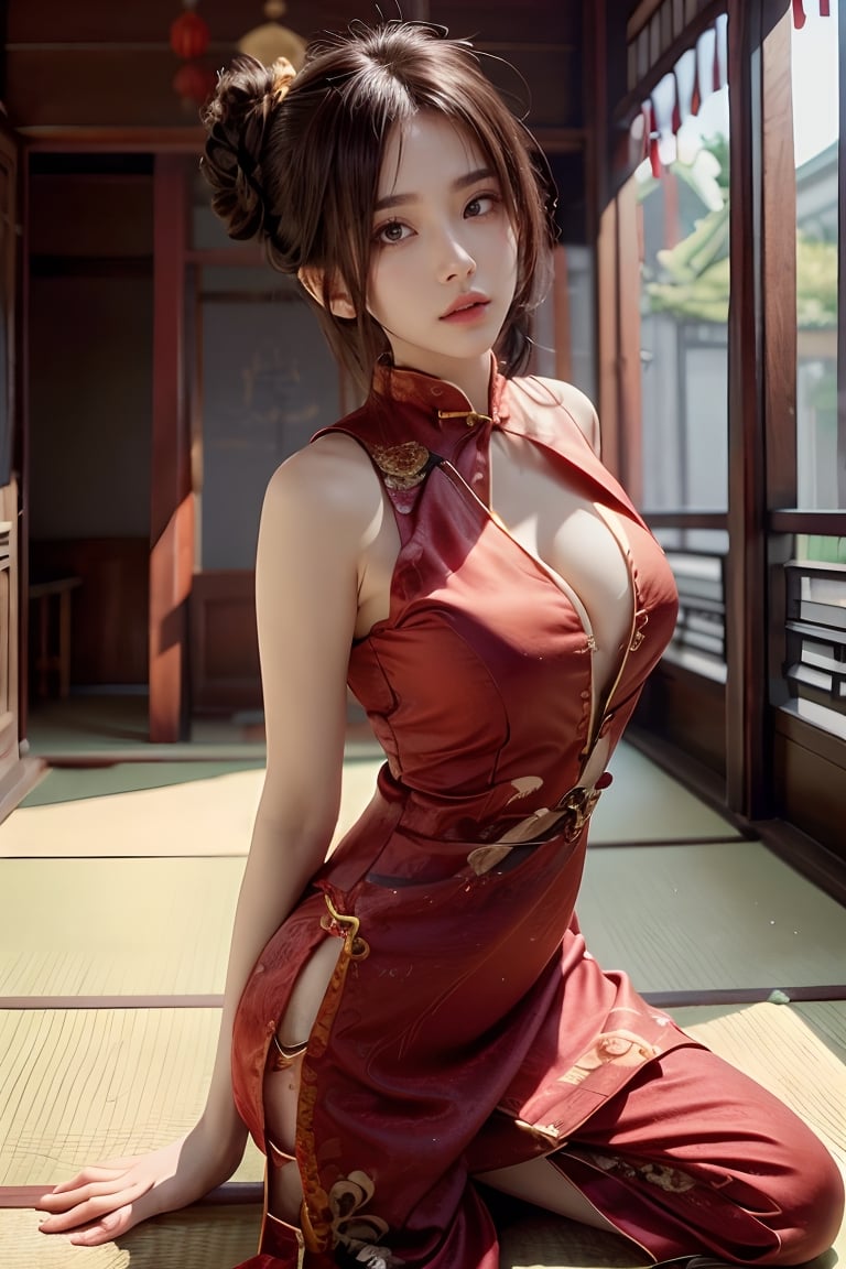 Beautiful asian girl, solo, {beautiful and detailed eyes}, buxom breasts, calm expression, natural and soft light, bun hairstyle, hair blown by the breeze, delicate facial features, Blunt bangs, Shiny skin, Pendants, Necklaces ,(wearing a red deep-v cheongsam outfit:1.3), 20 year old, realhands,((model pose)), (background tatami room japanese-style room  sarahviloid,jenadammaya,nancy ,v4ni4