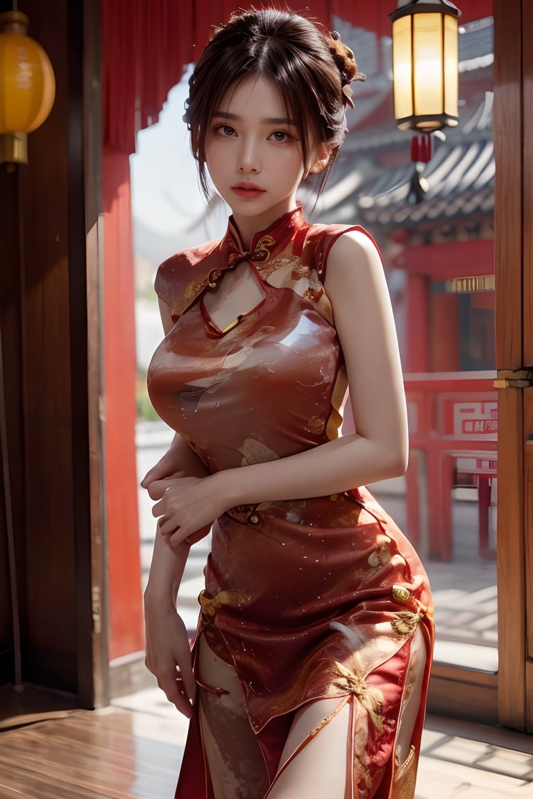 Beautiful asian girl, solo, {beautiful and detailed eyes}, medium breasts, calm expression, natural and soft light,bun hairstyle, hair blown by the breeze, delicate facial features, Blunt bangs, beautiful russian girl, Shiny skin, Pendants, Necklaces,(wearing a red cheongsam outfit:1.3), 20 year old, realhands,((model pose)), (background old Chinese home in 400 year and old lamp),sarahviloid,jenadammaya,nancy ,v4ni4
