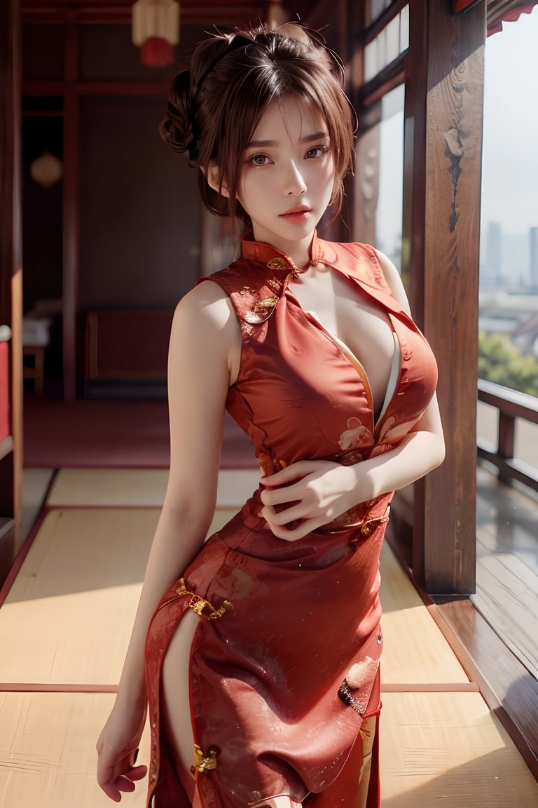 Beautiful asian girl, solo, {beautiful and detailed eyes}, buxom breasts, calm expression, natural and soft light, bun hairstyle, hair blown by the breeze, delicate facial features, Blunt bangs, Shiny skin, Pendants, Necklaces ,(wearing a red deep-v cheongsam outfit:1.3), 20 year old, realhands,((model pose)), (background tatami room japanese-style room  sarahviloid,jenadammaya,nancy ,v4ni4