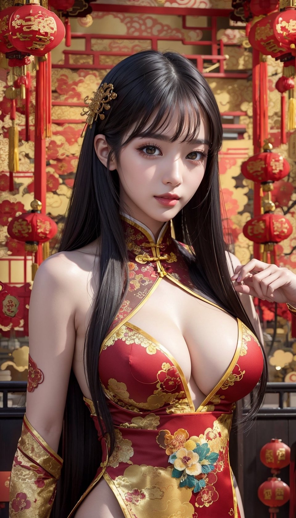 (masterpiece, top quality, best quality, official art, beautiful and aesthetic:1.2), hdr, high contrast, wideshot, 1girl, long straight black hair with blunt bangs, looking at viewer, light smile, clearly brown eyes, longfade eyebrow, soft make up, ombre lips, hourglass body, large breast, (chinese new year theme:1.5), finger detailed, subsurface dragon, background detailed, ambient lighting, extreme detailed, cinematic shot, realistic ilustration, (soothing tones:1.3), (hyperdetailed:1.2), subsurface golden dragon