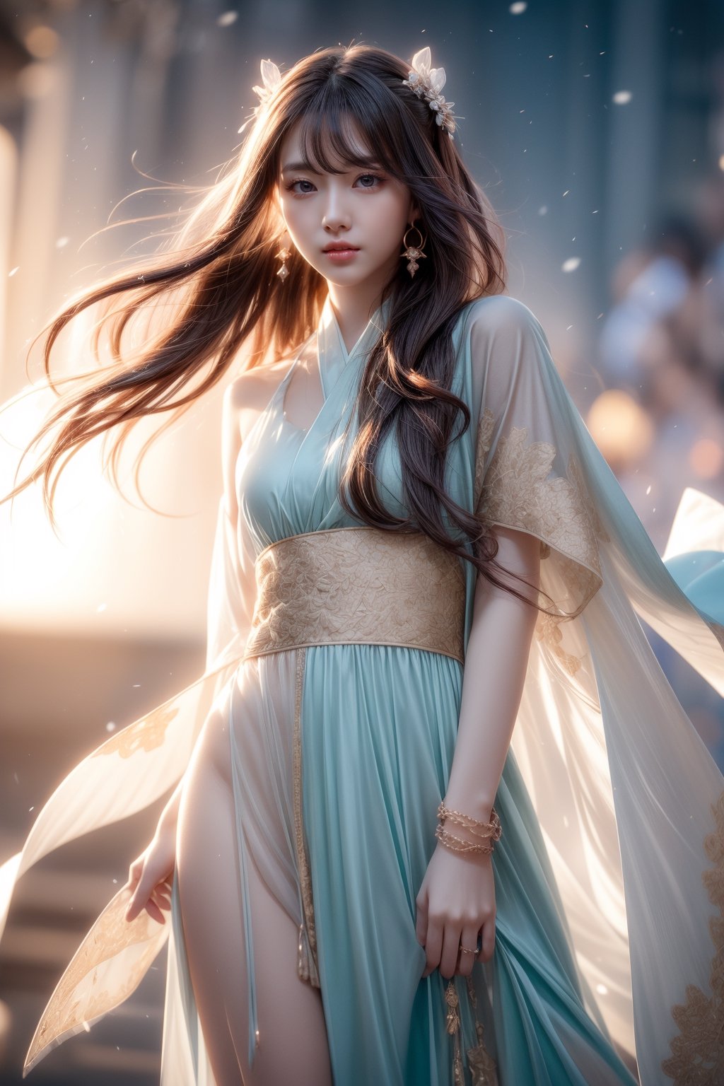 The background is midnight sky,big blue moon,dark night,snow blowing,16 yo, 1 girl,sword,halo,shining bracelet,beautiful hanfu(white, transparent),cape, cloth blowing in wind, solo, {beautiful and detailed eyes}, calm expression, natural and soft light, delicate facial features, cute japanese idol, very small earrings, ((model pose)), Glamor body type, (dark hair:1.2),  beehive,big bun,very_long_hair, スクール水着，hair past hip, curly hair, flim grain, realhands, masterpiece, Best Quality, photorealistic, ultra-detailed, finely detailed, high resolution, perfect dynamic composition, beautiful detailed eyes, eye smile, ((nervous and embarrassed)), sharp-focus, full_body, sexy pose,cowboy_shot,ruanyi0060