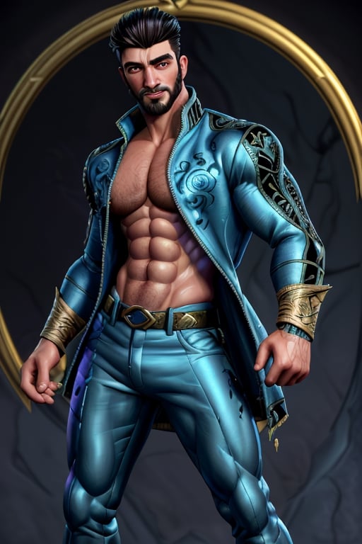 handsome Latino male, emperor of skarland, ((detalied face)), ((detalied eyes)), painting, Intricate, Sharp focus, dramatic, portrait, elegant suite pants, elegant jacket, muscular, short beard, elegant pose, royal palace hall background, professional,1boy