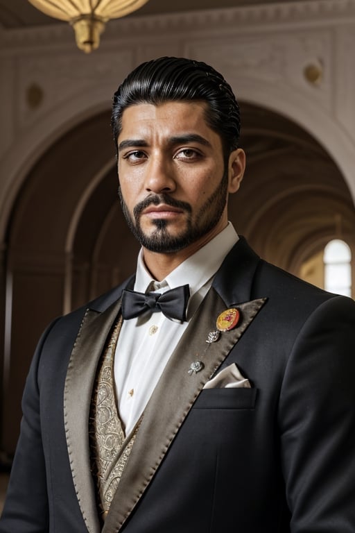 Latino male, king of skarland, ((detalied face)), ((detalied eyes)), painting, Intricate, Sharp focus, dramatic, portrait, elegant suite pants, elegant suite jacket, muscular, short beard, royal palace hall background, professional,1boy,handsome male,Miguel,modelshoot style,jaeggernawt