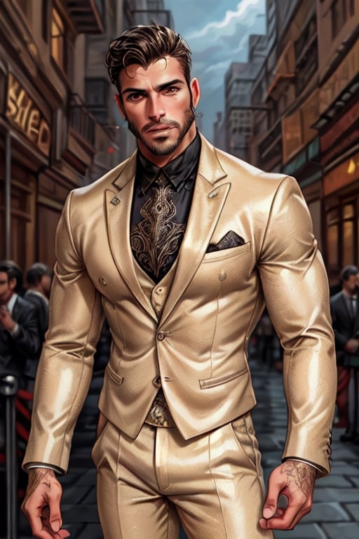 Latino male, king of skarland, contemporary, ((detalied face)), ((detalied eyes)), painting, Intricate, Sharp focus, dramatic, portrait, elegant suite pants, elegant suite jacket, muscular, short beard, city street background, professional,1boy,handsome male,Miguel