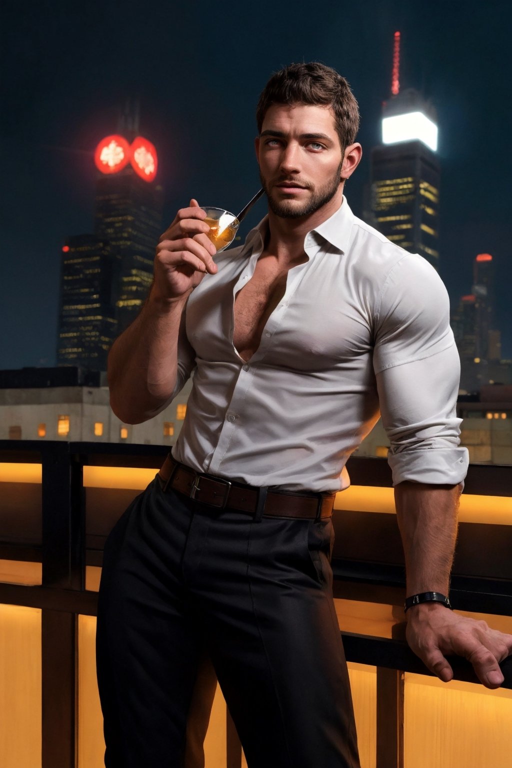 1boy, muscular chris redfield at a high-end rooftop bar, sipping a martini while gazing at the stunning city skyline at night, sharp focus, photo by mark rockwell, dark intense lighting, vibrant colors, (masterpiece), (detailed face), ((detailed eyes)), symmetric face, symmetric eyes, elegant black pants with belt, elegant white shirt, long beard, massive body hair,