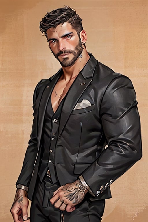 handsome Latino male, king of skarland, contemporary, ((detalied face)), ((detalied eyes)), painting, Intricate, Sharp focus, dramatic, portrait, elegant suite pants, elegant suite jacket, muscular, short beard, professional,1boy,handsome male,Miguel