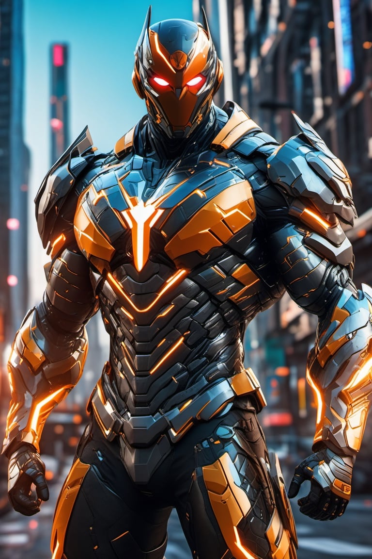 full body, facing camera, hero pose, looking at viewer, [Flash] 3D rendering, muscles, highly detailed eyes, perfect body, detailed with armor and neon cybernetics Light and black, day city background, intricately detailed , hdr, 8k, subsurface dispersion, specular lighting, high resolution, octane rendering, neon ray tracing,