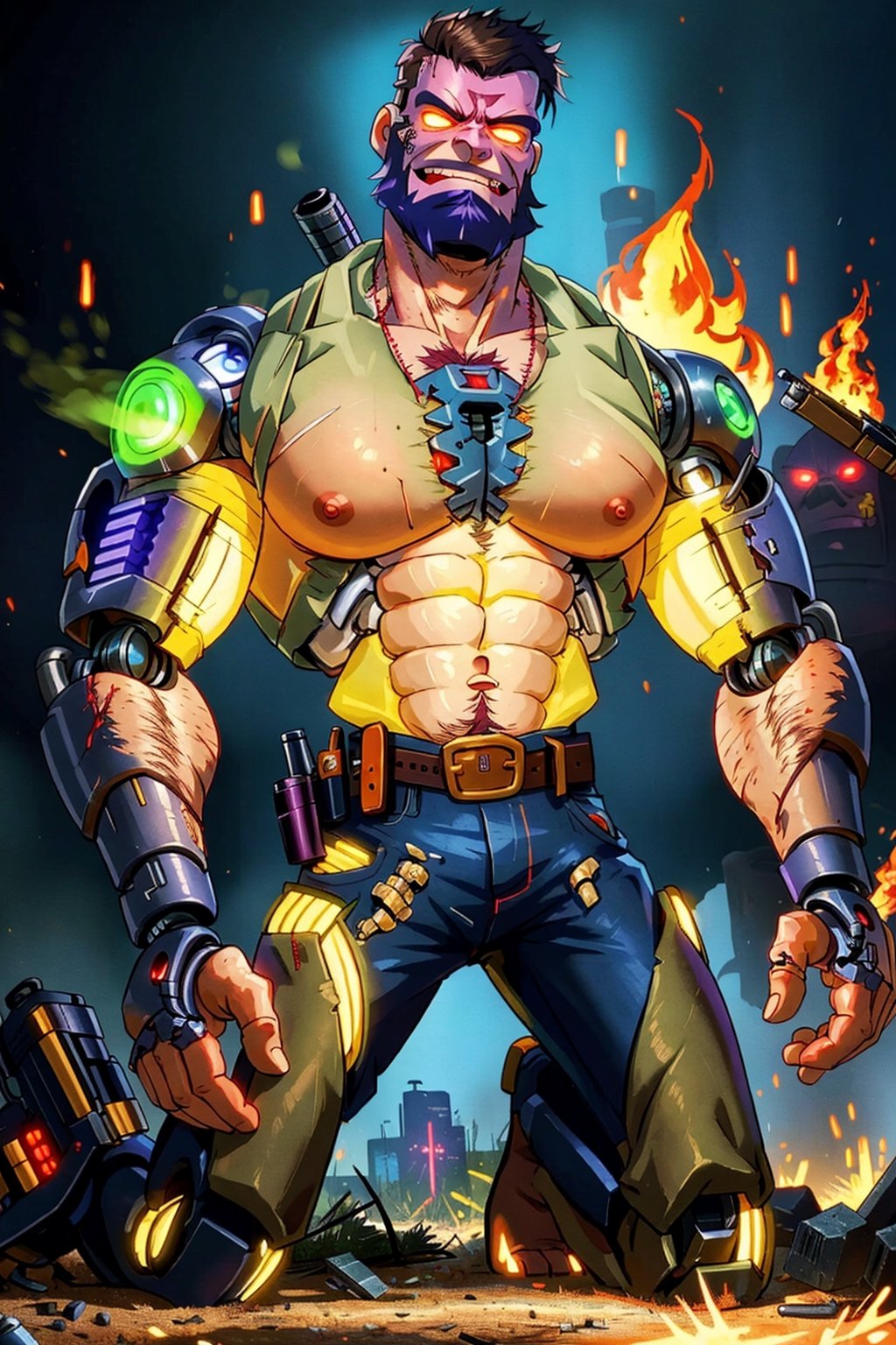 ((young Max Payne transformed by a machine into a cyborg)), muscular, massive pecs, massive arms, shirtless, worn out tactical pants with belt and gun, kneeling on the street, ((grimace of pain)), ((massive body hair)), ((long beard)), ((short hair)), tropical island, destroyed city, big smoke, big flames, post-apocalypse, ((face details, eye details)), ((glowing eyes)), horror, looks at the viewer,(1man)