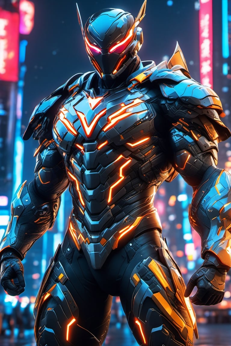 full body, facing camera, hero pose, looking at viewer, [Flash] 3D rendering, muscles, highly detailed eyes, perfect body, detailed with armor and neon cybernetics Light and black, night city background, intricately detailed , hdr, 8k, subsurface dispersion, specular lighting, high resolution, octane rendering, neon ray tracing,