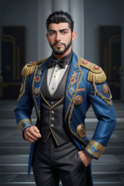 handsome Latino male, emperor of skarland, ((detalied face)), ((detalied eyes)), painting, Intricate, Sharp focus, dramatic, portrait, elegant suite pants, elegant jacket, muscular, short beard, elegant pose, royal palace hall background, professional,1boy