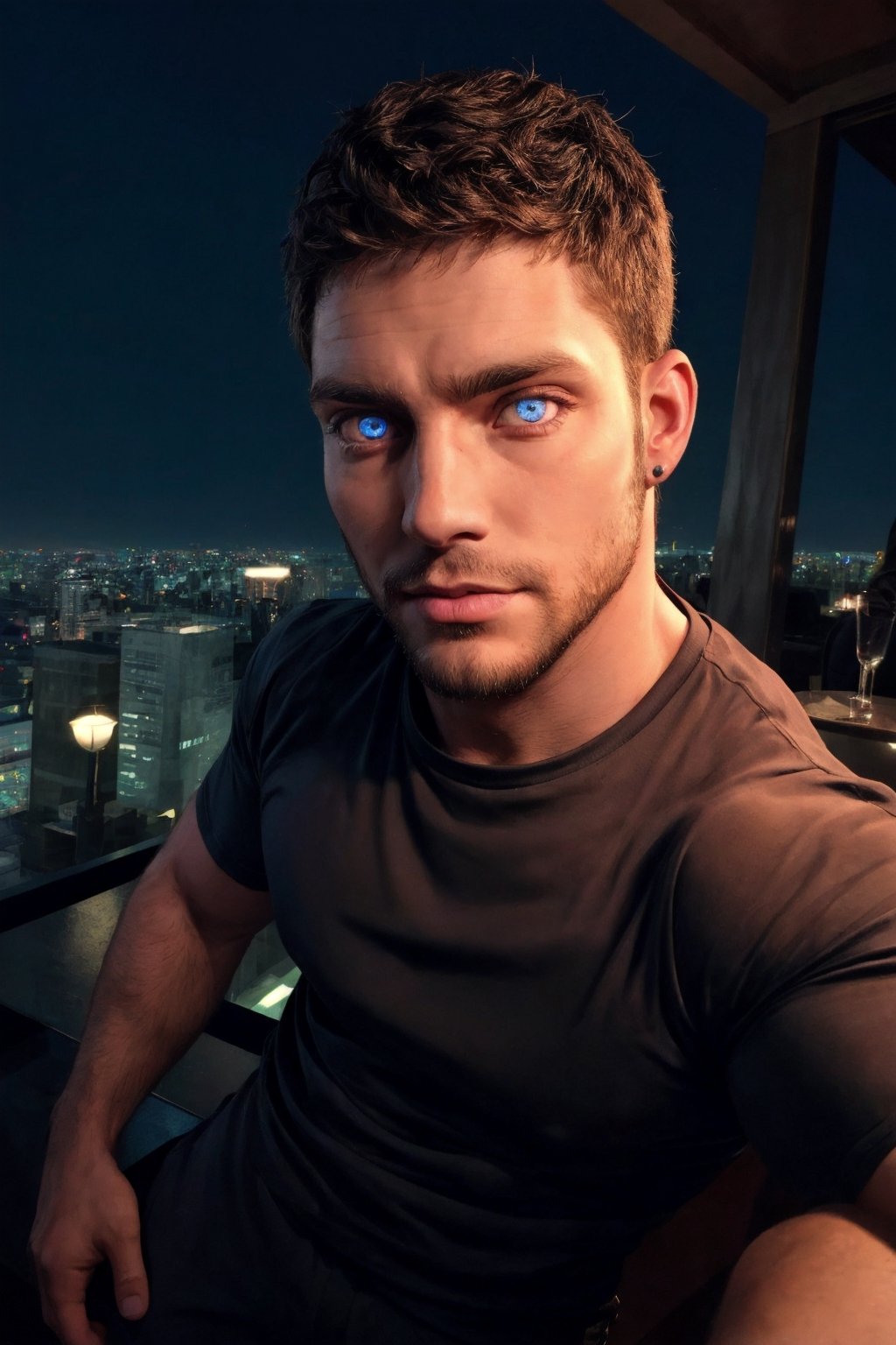 1boy, muscular chris redfield at a high-end rooftop bar, the stunning city skyline at night, sharp focus, photo by mark rockwell, dark intense lighting, vibrant colors, (masterpiece), (detailed face), ((detailed eyes)), symmetric face, symmetric eyes, elegant black pants, elegant white t-shirt, long beard, 
