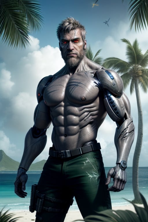 cyborg, handsome, cybernetic implants, detailed glowing eyes, muscles, scars on the body from assimilation by machines, nanotubes transmitting assimilation nanites inserted into their necks by a drone, heavily damaged tight tactical pants with tactical belt, topless, short beard, hairy, cybernetic arm, venis, light smoke, ((tropical island)), day, post-apocalyptic beach background, ((detailed face)), HDR, 8k, horror, photy by greg rutkowski,hairyalpha