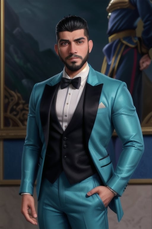 handsome Latino male, emperor of skarland, ((detalied face)), ((detalied eyes)), painting, Intricate, Sharp focus, dramatic, portrait, elegant suite pants, elegant jacket, muscular, short beard, elegant pose, royal palace hall background, professional,1boy