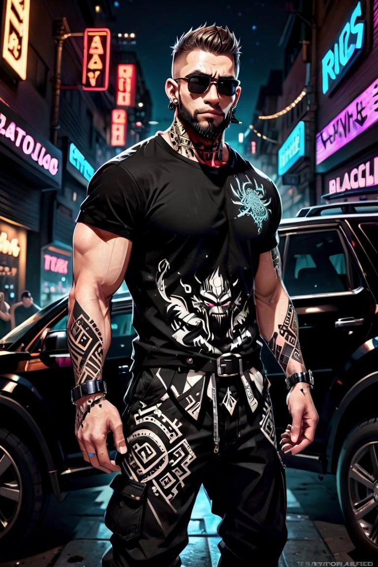 (masterpiece), handsome, arogant, smirk, young, bodyguard, bara, muscular, massive pecs, massive arms, long beard, ((full body black tribal tattoo)), short hair, black cargo pants with black belt, ((black slim bodyguard t-shirt)), sunglass,, ((detalied face)), ((detailed eyes)), night, black suv car in the background, night club entrance background, looking at viewer, Cinematic Lighting