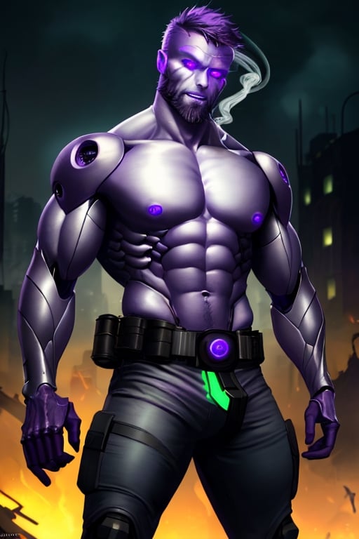 cyborg, handsome, cybernetic implants, ((detailed glowing purple eyes)), muscles, exposed titanium skeleton, grey skin, heavily damaged tactical pants with tactical belt, topless, short beard, hairy, cybernetic arms, nanites in venis, smoke, huge flames, destroyed city, dark night, post-apocalyptic background, detailed face, HDR, 8k, horror, photy by greg rutkowski