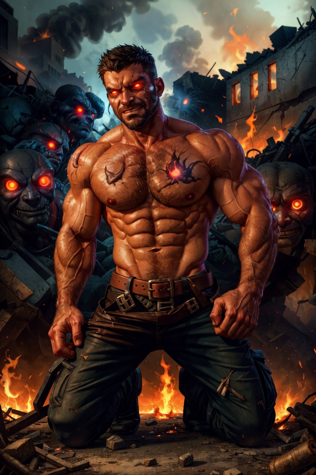 young Max Payne, muscular, massive pecs, massive arms, shirtless, worn out tactical pants with belt, kneeling on the street, grimace of pain, massive body hair, beard, short hair, destroyed city, smoke, flames, post-apocalypse, ((face details, eye details)), ((glowing eyes)), horror, looks at the viewer