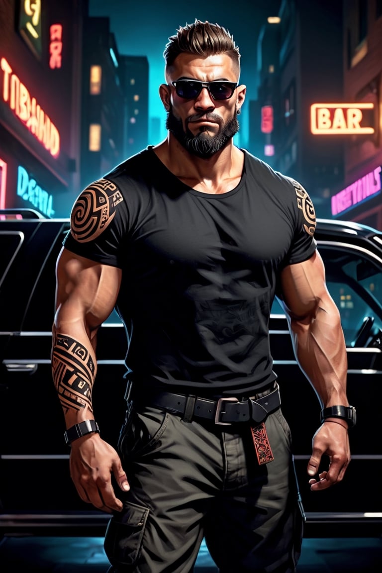 (masterpiece), handsome, arogant, smirk, young, bodyguard, bara, muscular, massive pecs, massive arms, long beard, ((full body black tribal tattoo)), short hair, black cargo pants with black belt, ((black slim bodyguard t-shirt)), sunglass,, ((detalied face)), ((detailed eyes)), night, black suv car in the background, night club entrance background, looking at viewer, Cinematic Lighting,Movie Still,colorful