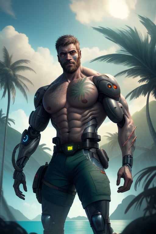 cyborg, handsome, cybernetic implants, detailed glowing eyes, muscles, scars on the body from assimilation by machines, nanotubes transmitting assimilation nanites inserted into their necks by a drone, heavily damaged tight tactical pants with tactical belt, topless, short beard, hairy, cybernetic arm, venis, light smoke, ((tropical island)), day, post-apocalyptic beach background, ((detailed face)), HDR, 8k, horror, photy by greg rutkowski,hairyalpha