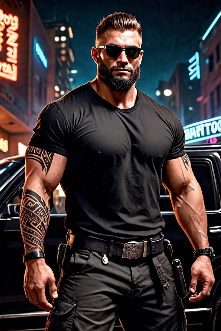 (masterpiece), handsome, arogant, smirk, young, bodyguard, bara, muscular, massive pecs, massive arms, long beard, ((full body black tribal tattoo)), short hair, black cargo pants with black belt, ((black slim bodyguard shirt)), sunglass,, ((detalied face)), ((detailed eyes)), night, black suv car in the background, night club entrance background, looking at viewer, Cinematic Lighting,Movie Still,colorful
