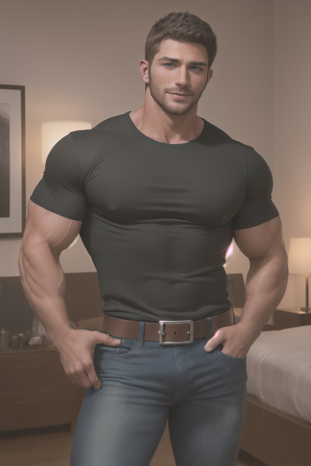 photo of muscular chris redfield in a worn ((soft black t-shirt, massive hairy pecs)), big pecs, big arms, large bulge, ((light bokeh)), intricate, (steel metal [rust]), elegant, erotic, exuding sexual energy, homoerotic, sharp focus, photo by greg rutkowski, soft lighting, vibrant colors, (masterpiece), ((modern bedroom)), (detailed face), looking at viewer, (handsome face: 1.5), brushed up hairs, light smile, wide open eyes, beard, jeans pants with leather belt,black-color