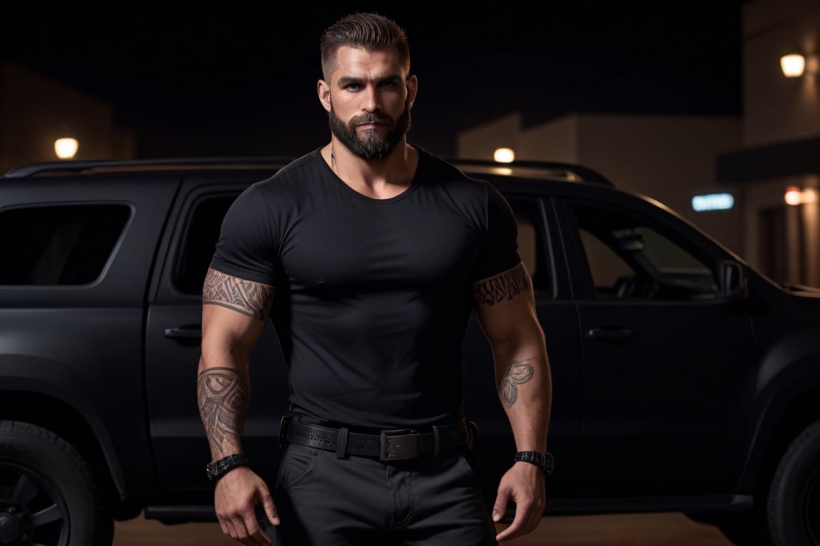 (masterpiece), handsome, arogant, smirk, young, bodyguard, bara, muscular, massive pecs, massive arms, long beard, ((full body black tribal tattoo)), short hair, black cargo pants with black belt, ((black slim bodyguard casual shirt)), ((detalied face)), ((detailed eyes)), night, black suv car in the background, night club entrance background, looking at viewer, Cinematic Lighting,Movie Still,colorful,<lora:659095807385103906:1.0>