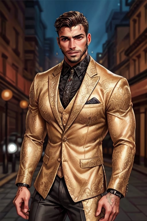 Latino male, king of skarland, contemporary, ((detalied face)), ((detalied eyes)), painting, Intricate, Sharp focus, dramatic, portrait, elegant suite pants, elegant suite jacket, muscular, short beard, city street background, professional,1boy,handsome male,Miguel