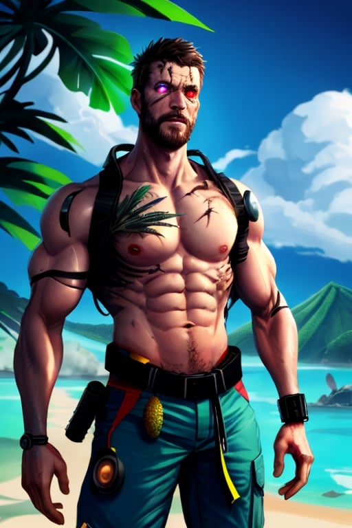 cyborg, handsome, cybernetic implants, detailed glowing eyes, muscles, scars on the body from assimilation by machines, nanotubes transmitting assimilation nanites inserted into their necks by a drone, heavily damaged tight tactical pants with tactical belt, topless, short beard, hairy, cybernetic arm, venis, light smoke, ((tropical island)), day, post-apocalyptic beach background, ((detailed face)), HDR, 8k, horror, photy by greg rutkowski,hairyalpha