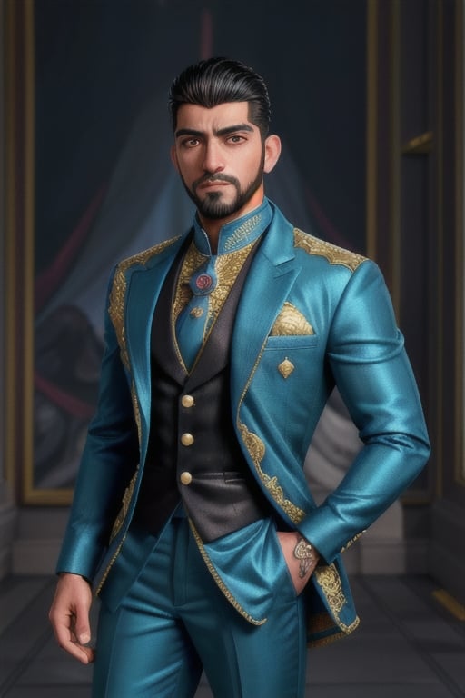 handsome Latino male, emperor of skarland, ((detalied face)), ((detalied eyes)), painting, Intricate, Sharp focus, dramatic, portrait, elegant suite pants, elegant jacket, muscular, short beard, elegant pose, royal palace hall background, professional,1boy