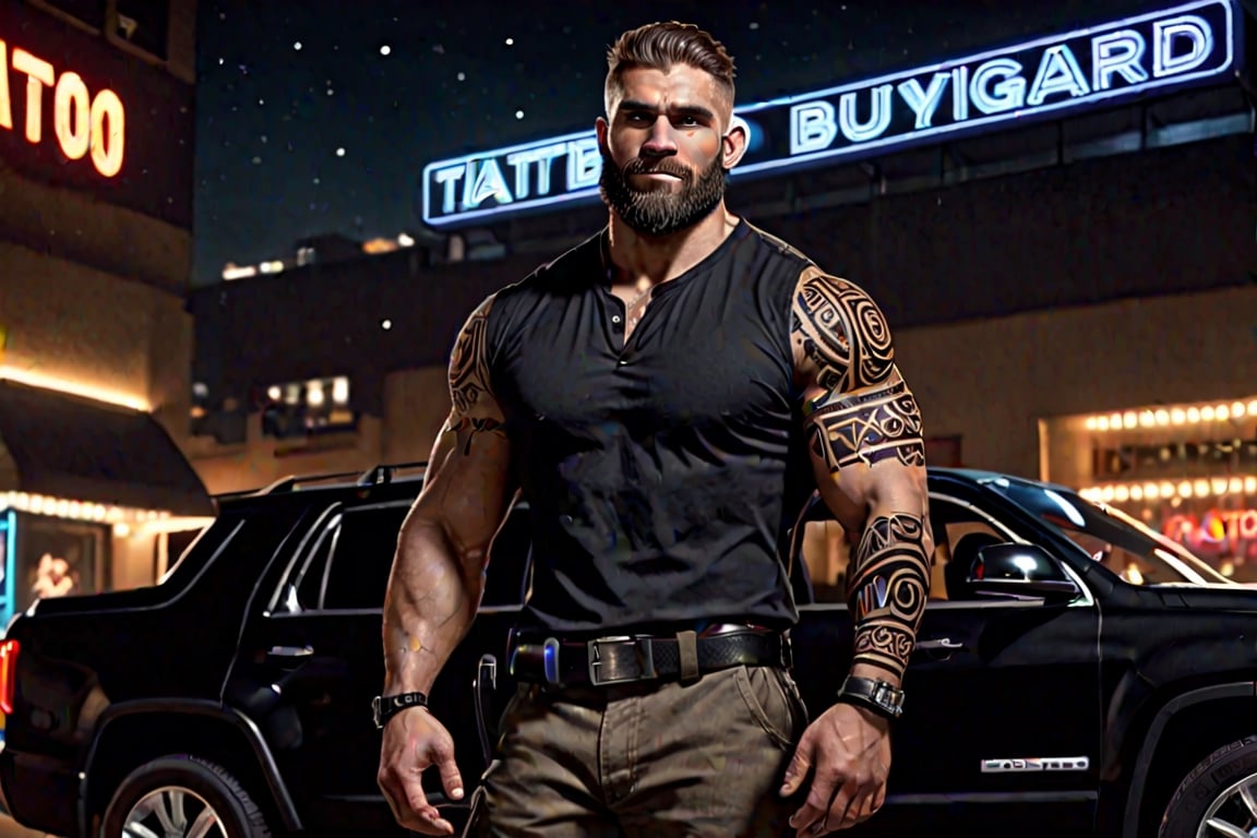 (masterpiece), handsome, arogant, smirk, young, bodyguard, bara, muscular, massive pecs, massive arms, long beard, ((full body black tribal tattoo)), short hair, black cargo pants with black belt, ((black slim bodyguard casual shirt)), ((detalied face)), ((detailed eyes)), night, black suv car in the background, night club entrance background, looking at viewer, Cinematic Lighting,Movie Still,colorful