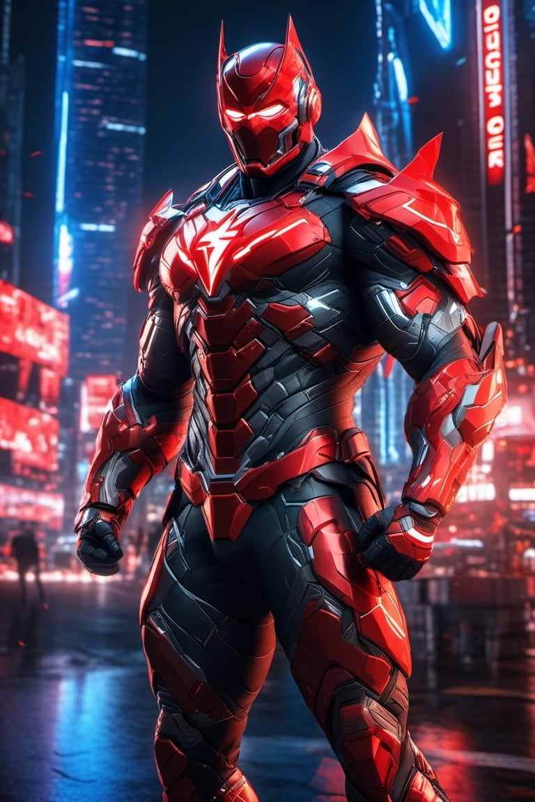 full body, facing camera, hero pose, looking at viewer, [Flash] 3D rendering, muscles, highly detailed eyes, perfect body, detailed with armor and neon cybernetics Light and dark red, night city background, intricately detailed , hdr, 8k, subsurface dispersion, specular lighting, high resolution, octane rendering, neon ray tracing,