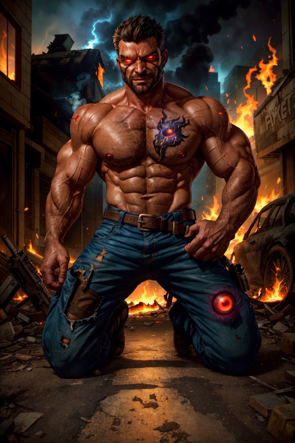 young Max Payne, muscular, massive pecs, massive arms, shirtless, worn out tactical pants with belt, kneeling on the sidewalk, grimace of pain, massive body hair, beard, short hair, destroyed city, smoke, flames, post-apocalypse, ((face details, eye details)), ((glowing eyes)), horror, looks at the viewer