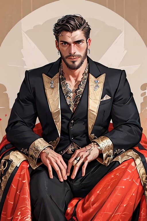 Latino male, king of skarland, contemporary, ((detalied face)), ((detalied eyes)), painting, Intricate, Sharp focus, dramatic, portrait, elegant suite pants, elegant suite jacket, muscular, short beard, sitting on the throne in throne hall, professional,1boy,handsome male,Miguel