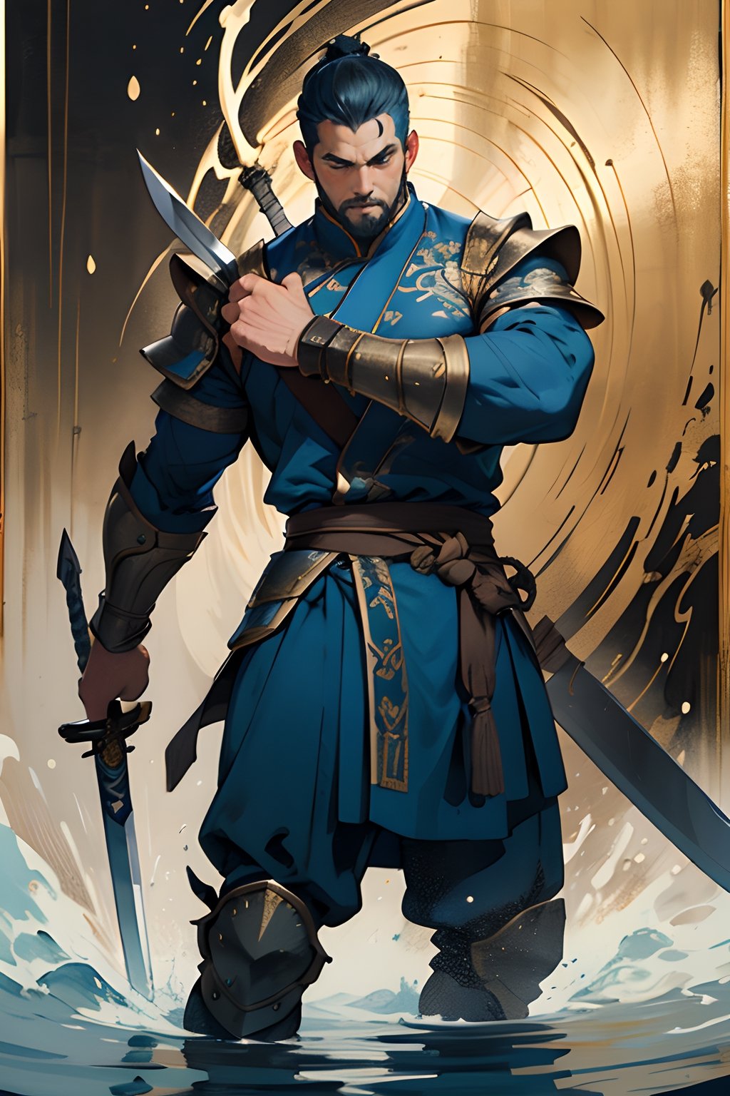 1man, masterpiece, best quality, detailed background, muscular male,looking at viewer, beard, detailed eyes, beautiful eyes,fit body,warrior in traditional wushu attire with blue metallic leg armor, wielding a long sword, The figure is muscular and well-proportioned, set against a Gustav Klimt-inspired abstract art panel,contour lighting and water droplets add depth,Flowing blue ribbons with an aged texture swirl around him,The composition blends whimsical hand-drawn elements with a touch of realism, portraying the warrior in a divine, heroic, and graceful stance,The overall style has an ink painting feel, with a palette of soft colors,
depth of field,