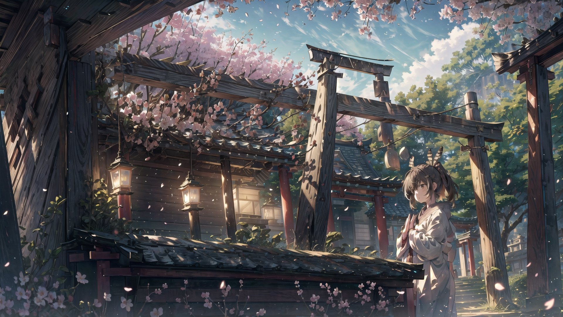 //Quality
(((best quality, 8k wallpaper))), ((detailed eyes, detailed illustration, masterpiece, ultra-detailed)),

//Charater
1girl, solo, Nanashi Mumei, (brown hairs), 
mumeidef,

// Pose
upper body, (dynamic angle), 
looking at viewer, 

// Background
((detailed background)), midjourney, yofukashi background,perfect light, (cherry blossoms), extremely delicate and beautiful, ((background: shrine)), ((Daytime, detailed sky)), Day view in the shrine, A girl prays in front of a shrine at morning, behind her is a row of lanterns and a red torii gate,Detailedface,More Detail