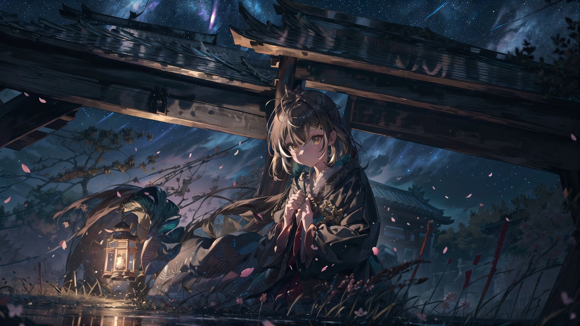 //Quality
(((best quality, 8k wallpaper))), ((detailed eyes, detailed illustration, masterpiece, ultra-detailed)),

//Charater
1girl, solo, Nanashi Mumei, (brown hairs), 
mumeidef,

// Pose
upper body, (dynamic angle), 
looking at viewer, 

// Background
((detailed background)), midjourney, yofukashi background,perfect light, (cherry blossoms), extremely delicate and beautiful, ((background: shrine, night stars iridescent)), ((nightime, detailed stars)), Night view in the shrine, A girl prays in front of a shrine at night, behind her is a row of lanterns and a red torii gate,Detailedface,More Detail