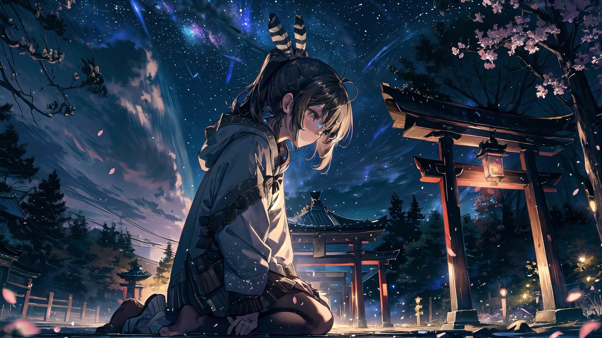 //Quality
(((best quality, 8k wallpaper))), ((detailed eyes, detailed illustration, masterpiece, ultra-detailed)),

//Charater
1girl, solo, Nanashi Mumei, (brown hairs), 
mumeidef,

// Pose
upper body, (dynamic angle), 
looking at viewer, 

// Background
((detailed background)), midjourney, yofukashi background,perfect light, (cherry blossoms), extremely delicate and beautiful, ((background: shrine, night stars iridescent)), ((nightime, detailed stars)), Night view in the shrine, A girl prays in front of a shrine at night, behind her is a row of lanterns and a red torii gate,Detailedface,More Detail