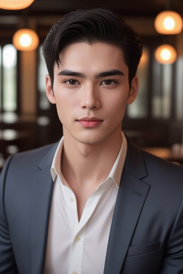  dewy skin, v-shaped jaw, pale   skin, straight eyebrows, and smooth skin brown eyes black hair  small face handsome dashing look ,full body pose at restaurant ,<lora:659095807385103906:1.0>