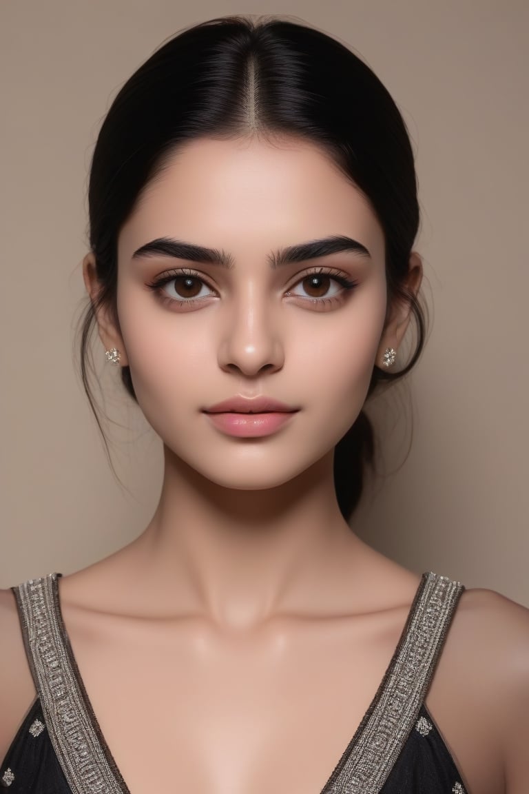  dewy skin, v-shaped jaw, pale skin, straight eyebrows, and smooth skin brown eyes black hair medium length small face Indian woman ,<lora:659095807385103906:1.0>