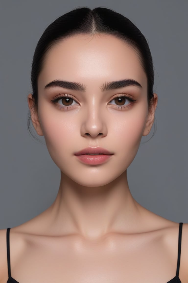  dewy skin, v-shaped jaw, pale skin, straight eyebrows, and smooth skin brown eyes black hair medium length small face  ,,<lora:659095807385103906:1.0>