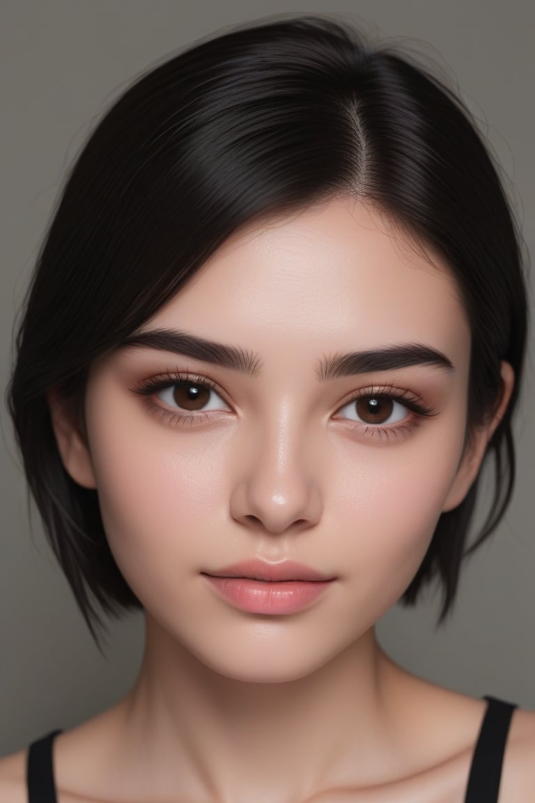  dewy skin, v-shaped jaw, pale skin, straight eyebrows, and smooth skin brown eyes black hair medium length small face  ,,<lora:659095807385103906:1.0>