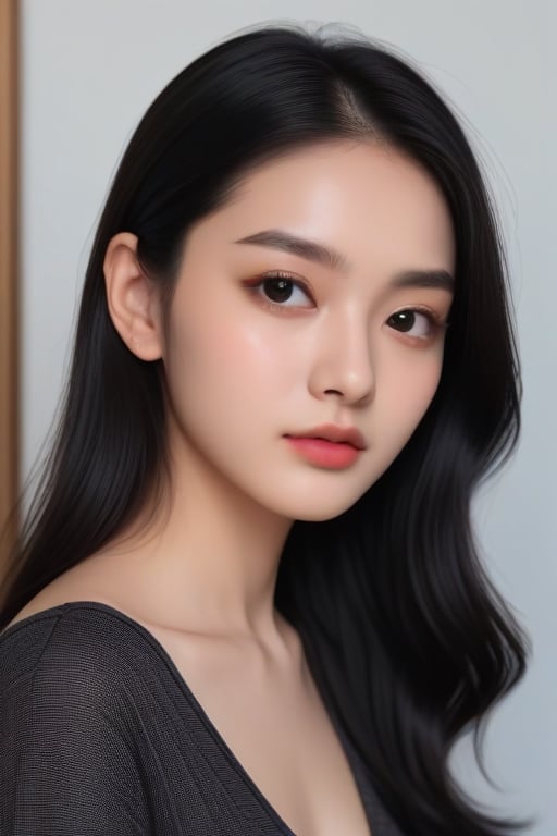 prioritize a slim figure, dewy skin, v-shaped jaw, pale and brownish  skin, straight eyebrows, and smooth skin eyes black hair medium length small face Indian and Korean mix  girl ,<lora:659095807385103906:1.0>