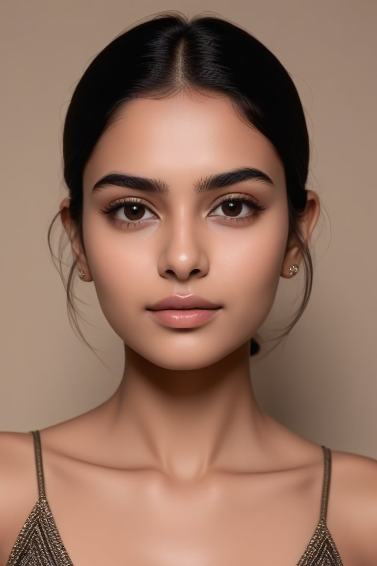  dewy skin, v-shaped jaw, brown with glow  skin, straight eyebrows, and smooth skin brown eyes black hair medium length small face Indian woman ,<lora:659095807385103906:1.0>