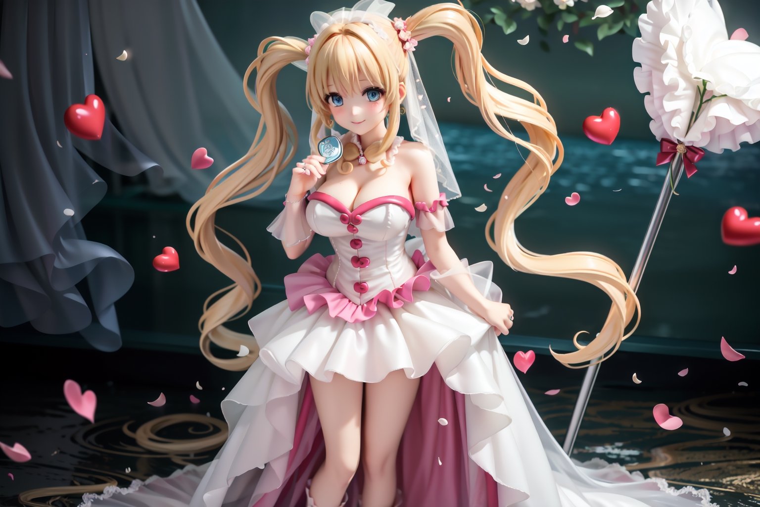 ((She wears revealing pink frilled weeding dress, Wedding gown (veil), blond very long hair, Heart-shaped twintails, large breasts 2.0)), cute pose, large breasts, cleavage , blue eyes, (Masterpiece), full body shot, best quality, high resolution, highly detailed, detailed background, movie lighting, 1girl, idol, underbust, stage, stage lights, music, blush, sweet smile, sweat, concert, ruffles, confetti, hearts, hair accessories, hair bows, gems, jewelry, neon lights , bow tie , pointing, spotlight, sparkles, light particles, frame breasts, cross lace, white stockings,ryuubi,lift skirt,1girl,seethrough_wedding_dress,seethrough_china_dress, red and gold dress,Angel,spartanarmor,red cape,long hair,hmnl,fr4ctal4rmor,office_lady_uniform,reiko_aiwaifu,QIPAO,qipao,enome_futokunoguild,ｍenesu,crystallized_dress,ruanyi0261,floral dress, twintails