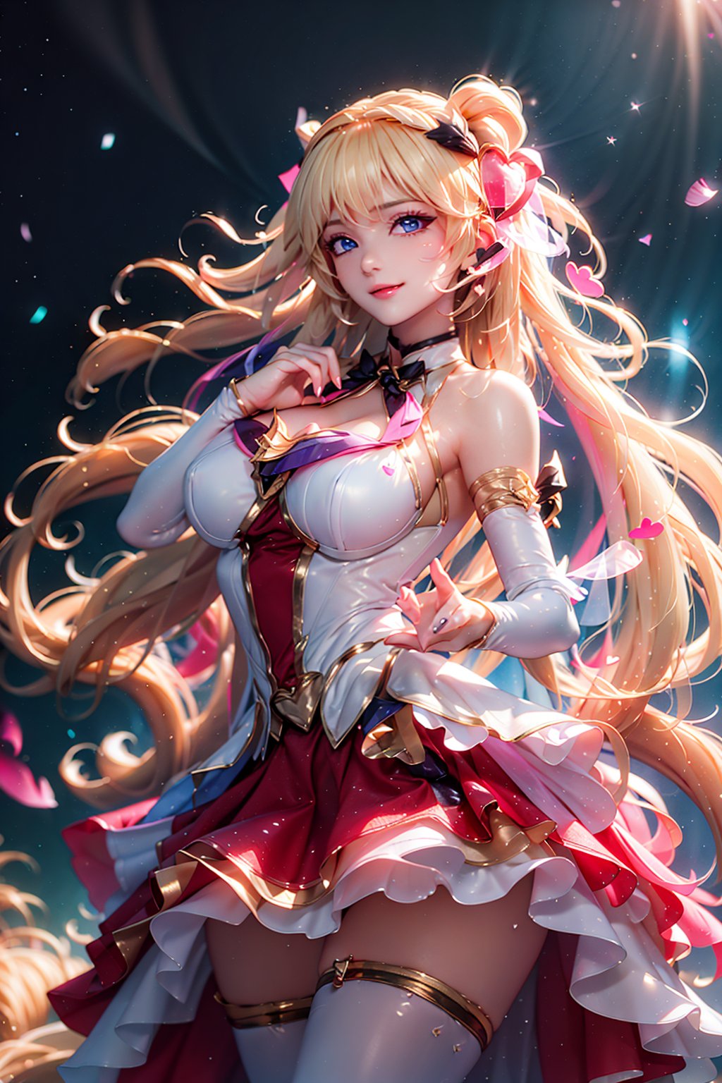 ((heart hands, Heart-shaped twintails,  She wears pink weeding  dress , blond very long hair, large breasts 2.0)), cute pose, large breasts, cleavage , blue eyes, (Masterpiece), full body shot, best quality, high resolution, highly detailed, detailed background, movie lighting, 1girl, idol, underbust, stage, stage lights, music, blush, sweet smile, sweat, concert, ruffles, confetti, hearts, hair accessories, hair bows, gems, jewelry, neon lights , bow tie , pointing, spotlight, sparkles, light particles, frame breasts, cross lace,floral dress
