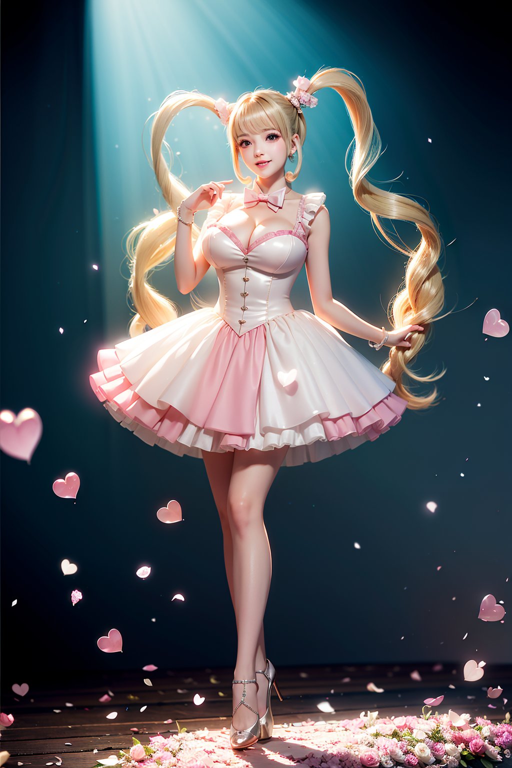 ((heart hands, large Heart-shaped twintails,  She wears pink weeding  dress , blond very long hair, large breasts 2.0)), cute pose, large breasts, cleavage , blue eyes, (Masterpiece), full body shot, best quality, high resolution, highly detailed, detailed background, movie lighting, 1girl, idol, underbust, stage, stage lights, music, blush, sweet smile, sweat, concert, ruffles, confetti, hearts, hair accessories, hair bows, gems, jewelry, neon lights , bow tie , pointing, spotlight, sparkles, light particles, frame breasts, cross lace,floral dress,hmnl