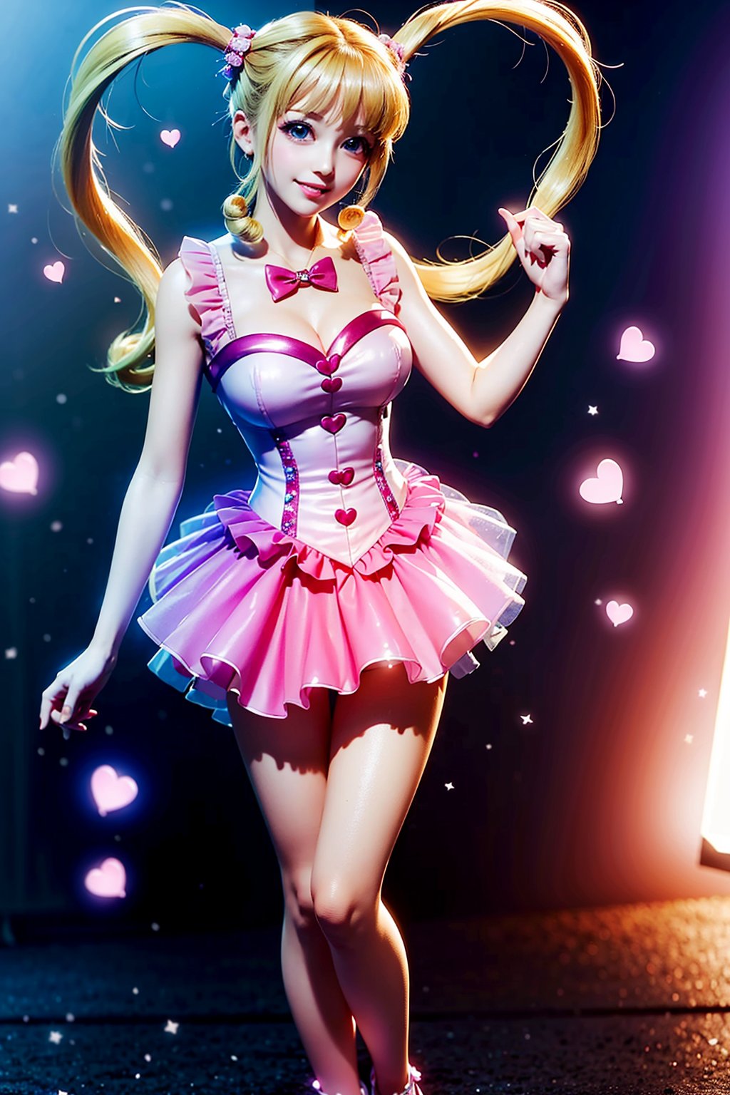 ((heart hands, She wears butterfly dress, Skirt with short front and long back, blond very long hair, large Heart-shaped twintails, large breasts 2.0)), cute pose, large breasts, cleavage , blue eyes, (Masterpiece), full body shot, best quality, high resolution, highly detailed, detailed background, movie lighting, 1girl, idol, underbust, stage, stage lights, music, blush, sweet smile, sweat, concert, ruffles, confetti, hearts, hair accessories, hair bows, gems, jewelry, neon lights , bow tie , pointing, spotlight, sparkles, light particles, frame breasts, cross lace