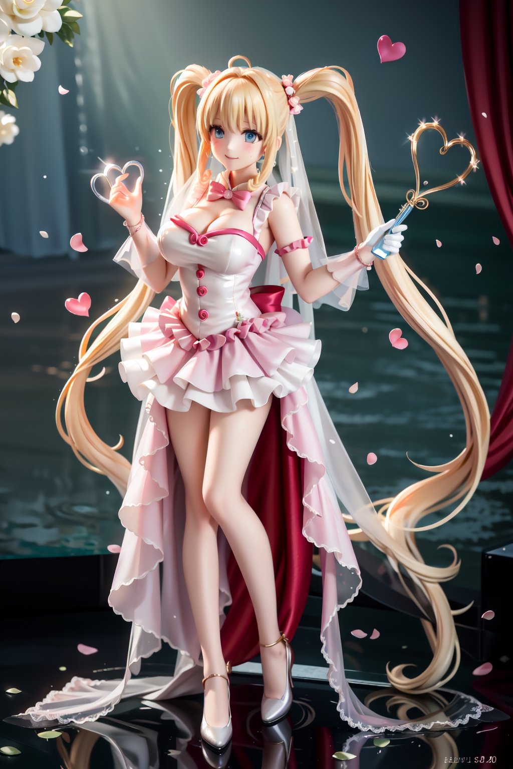 ((She wears revealing pink frilled weeding dress, Wedding gown (veil), blond very long hair, Heart-shaped twintails, large breasts 2.0)), cute pose, large breasts, cleavage , blue eyes, (Masterpiece), full body shot, best quality, high resolution, highly detailed, detailed background, movie lighting, 1girl, idol, underbust, stage, stage lights, music, blush, sweet smile, sweat, concert, ruffles, confetti, hearts, hair accessories, hair bows, gems, jewelry, neon lights , bow tie , pointing, spotlight, sparkles, light particles, frame breasts, cross lace, white stockings,ryuubi,lift skirt,1girl,seethrough_wedding_dress,seethrough_china_dress, red and gold dress,Angel,spartanarmor,red cape,long hair,hmnl,fr4ctal4rmor,office_lady_uniform,reiko_aiwaifu,QIPAO,qipao,enome_futokunoguild,ｍenesu,crystallized_dress,ruanyi0261,floral dress, twintails