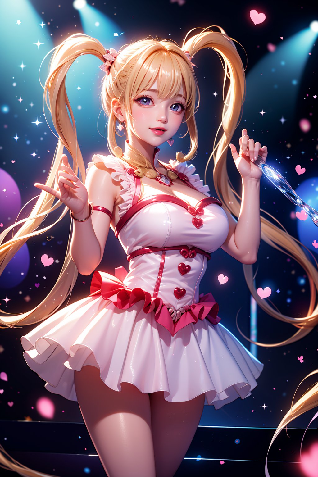 A masterpiece of an idol in a concert setting! A young girl with childlike features and big breasts, adorned in pink-white business attire, dons heart-shaped twintails and holds love in her hands. She strikes a cute pose on stage, where she's surrounded by ruffles and hearts. Her long blond hair flows like a river, framing her face and large breasts, which are showcased under a beautiful floral dress with cross lace details. Blue eyes sparkle with innocence as she blinks slowly, her sweet smile radiating warmth. Sweat glistens on her skin as she performs, her blush deepening as she sings. The spotlight shines brightly on her, casting a warm glow that accentuates the neon lights and sparkles around her. In one hand, she holds a heart, while in the other, she points to the magic circle forming above her, releasing light particles that dance across her body. Her hair accessories, including hair bows and gems, add a touch of whimsy to this enchanting scene.