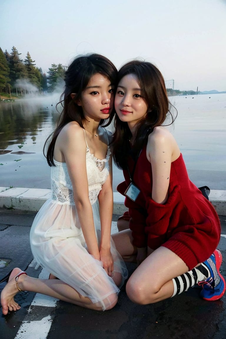 (((2 girls kissing))), (((very long hair with blunt bangs))) ,(Beautiful and detailed eyes),
(masterpiece:1.4), (best quality:1.4), super fine illustration,an extremely cute and beautiful girl,highly detailed beautiful face and eyes, cute little girl, sad, (full_body), perfect hands, hide hand, absurdres, highres, ultra detailed, BREAK
((foggy lake background)), ((two high school girls kneeling)), school, most beautiful korean girls, Korean beauty models, idol face, gorgeous girls, 13yo, over sized eyes, big eyes, smiling, looking at viewer,